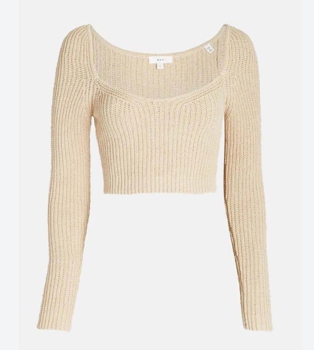ALC Olivia Sweater Macadamia Ivory Ribbed Knit Cropped Sweetheart Top Sz XS